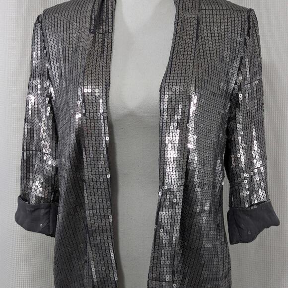 CHARLOTTE RUSSE! SILVER SQUARE SEQUIN ON GRAY SHEER, CHIFFON JACKET! SZ S - Picture 2 of 9